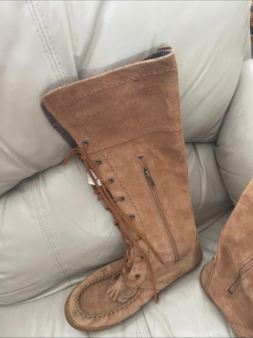 UGG Somaya Chestnut Suede Tall Moccasin Fringe Boots Size 10
